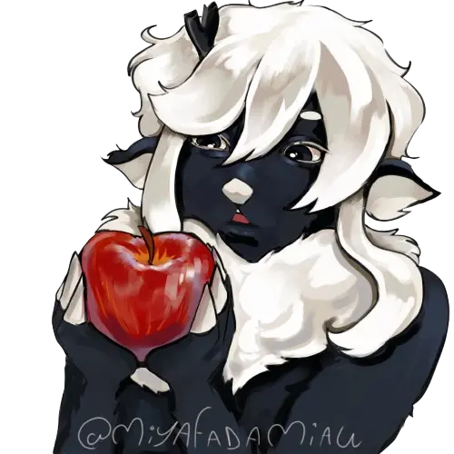 Black deer furry with white hair holding an apple, staring at it.